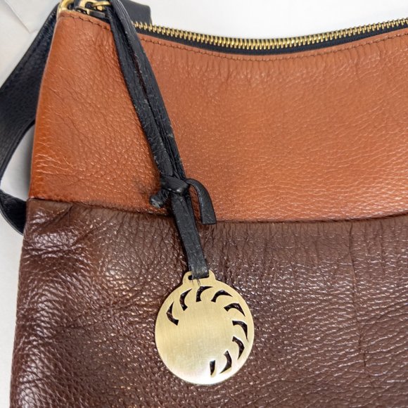 Allo Crossbody Bag Genuine Leather Three Tone Brown Black Medium Boho Purse - Picture 4 of 10